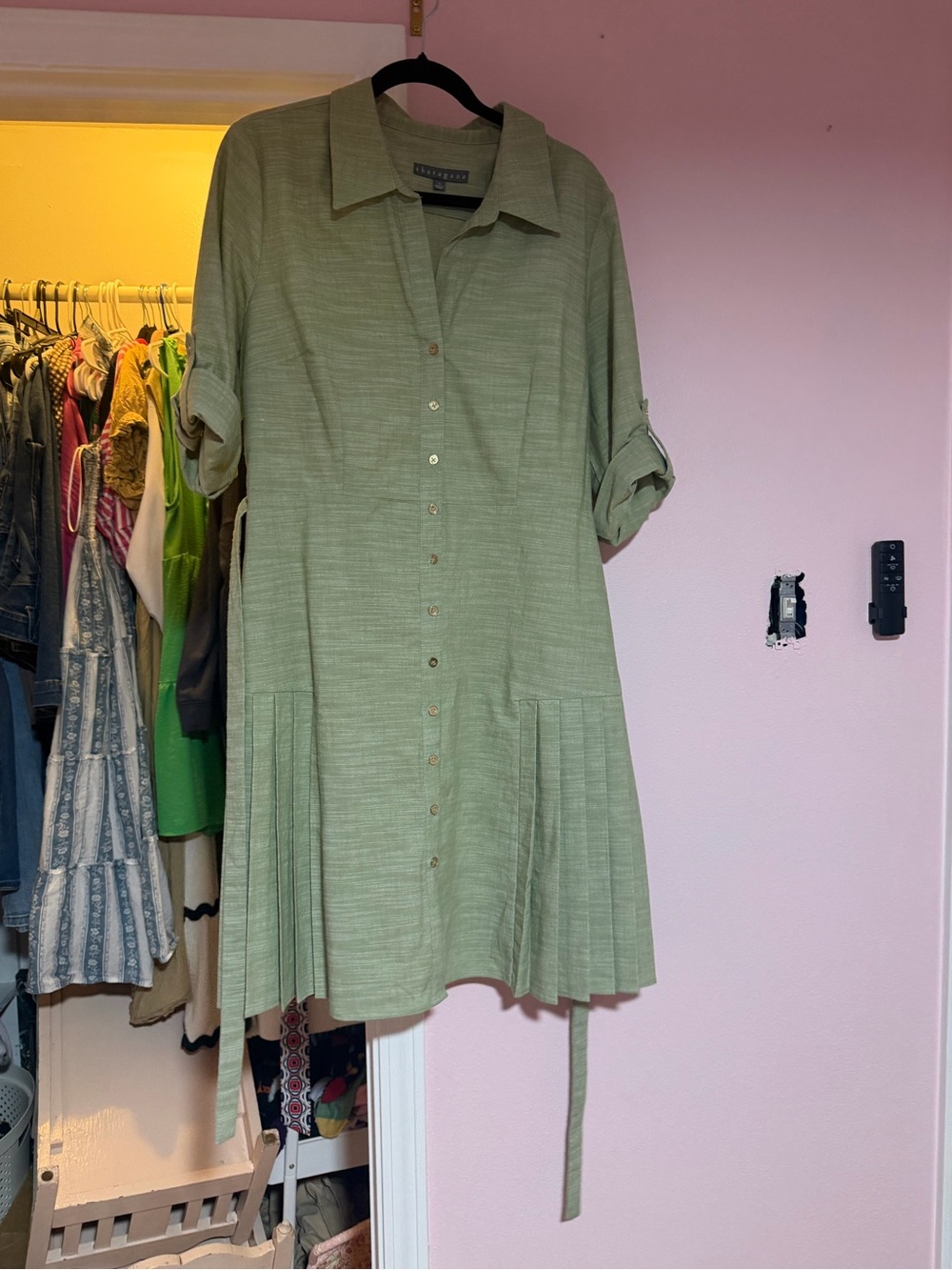Sharagano Light Olive Button-Front Tunic Shirt